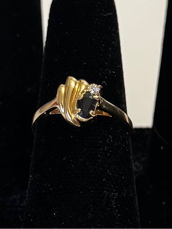 Jewelry - Estate 14K Gold Deep Blue Stone Diamond Accent Bypass Ring